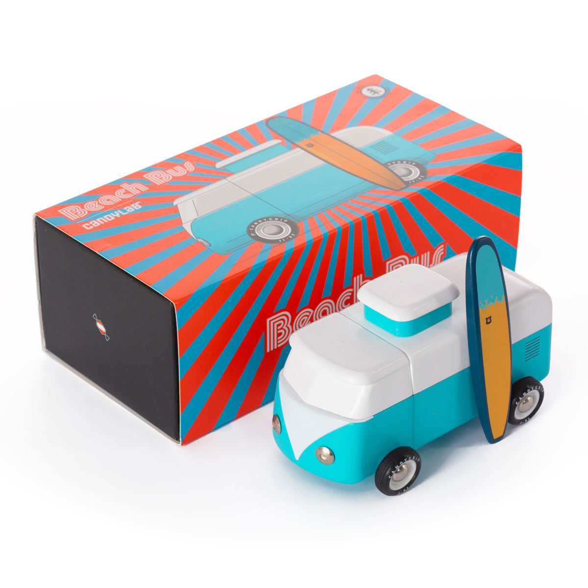 Candylab kids wooden blue campervan toy with a magnetic surfboard