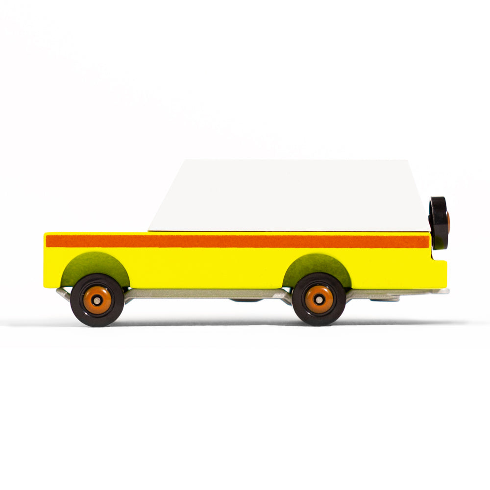 Candylab handmade wooden everglades mule car toy on a white background