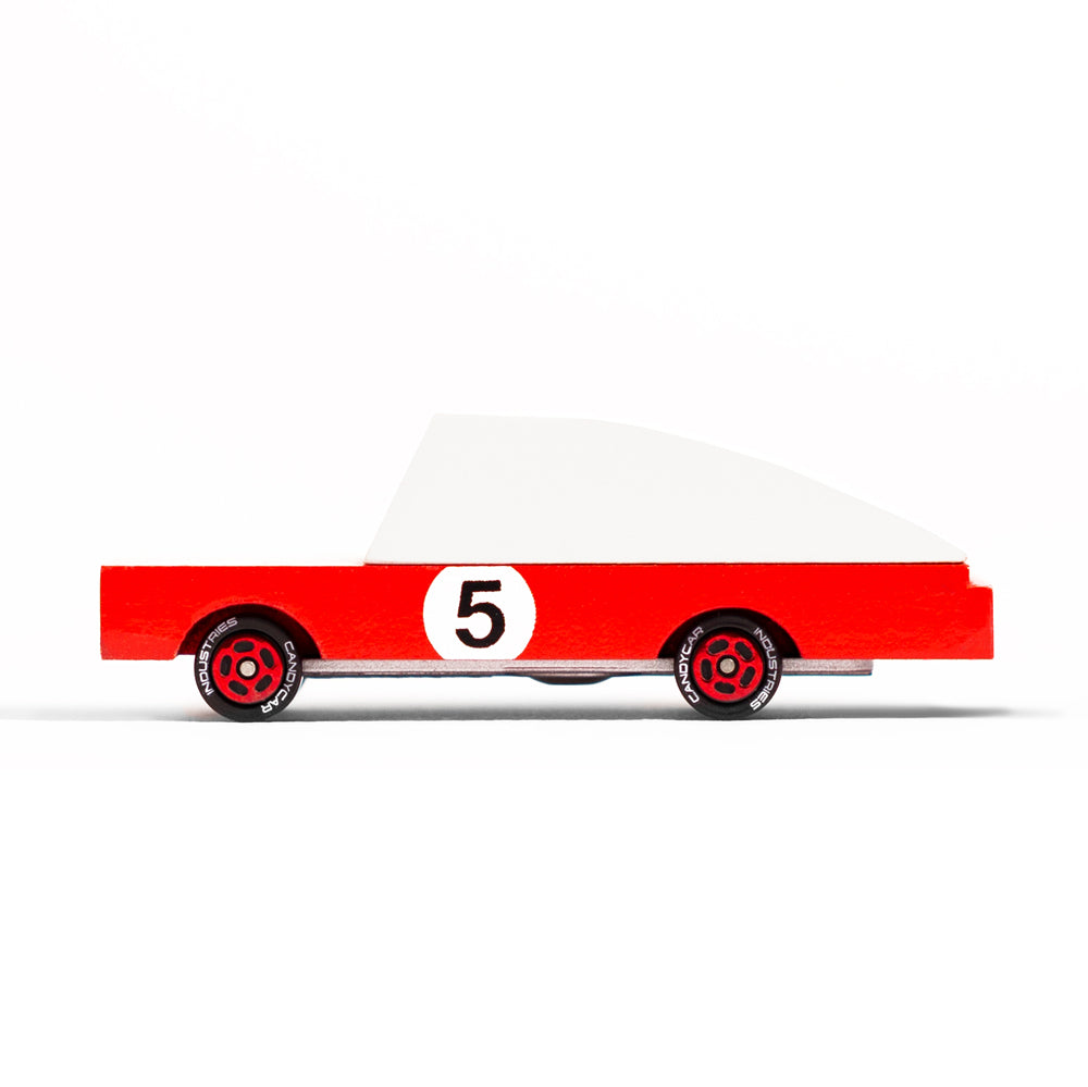 Candylab handmade wooden candycar red racing toy on a white background