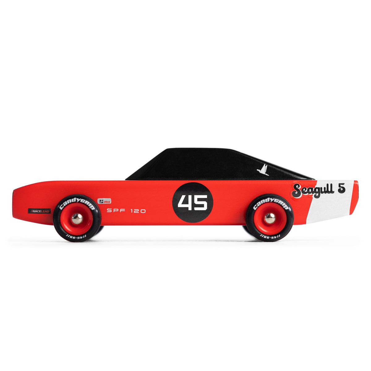 Side of the Candylab red seagull racing car toy on a white background