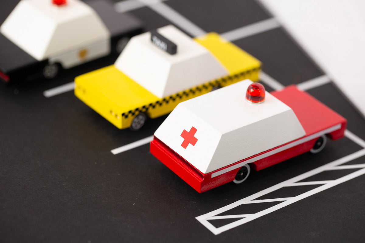 Candylab wooden ambulance and taxi candycars on a black rubber road set