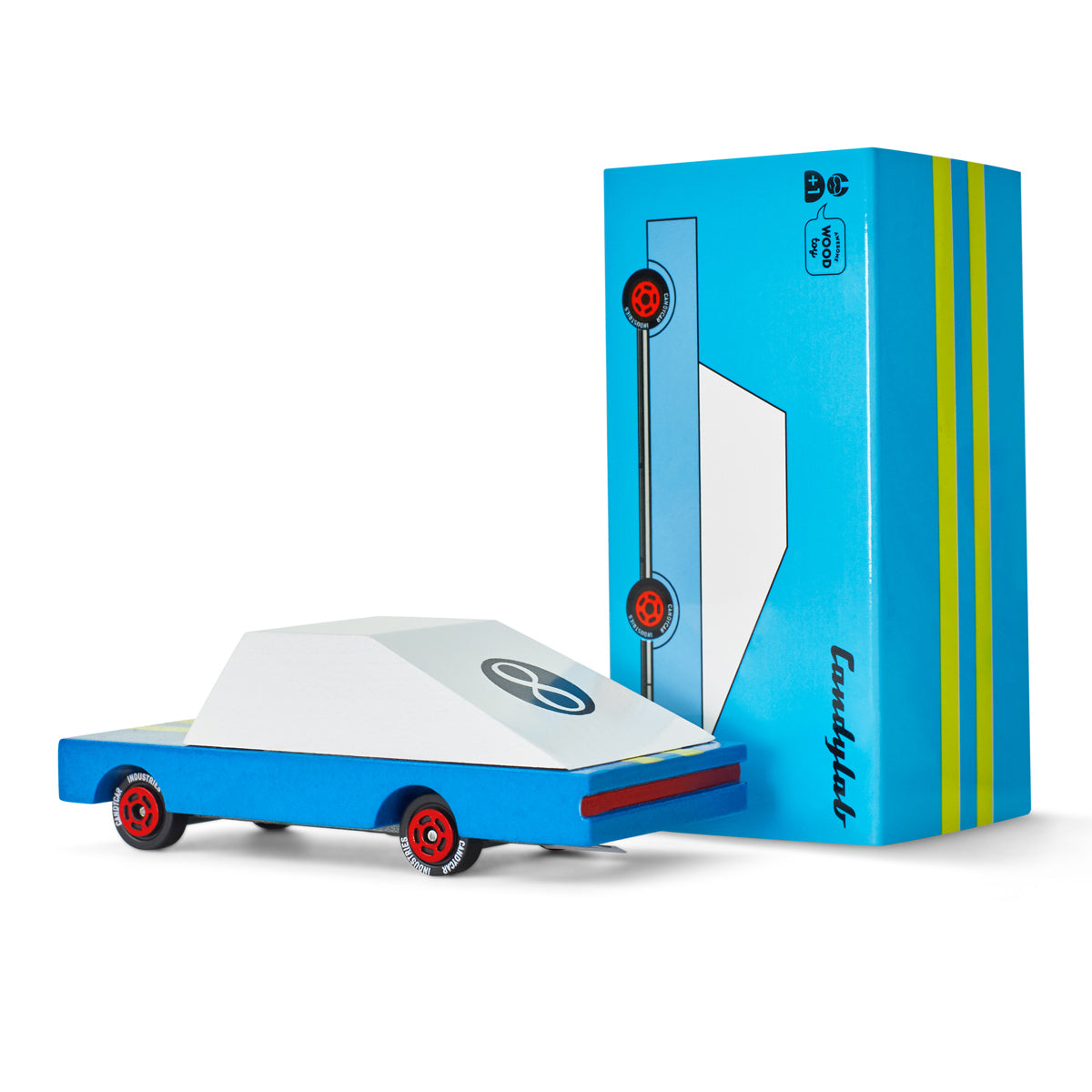 Candylab blue children's wooden race car toy on a white background next to its blue cardboard box