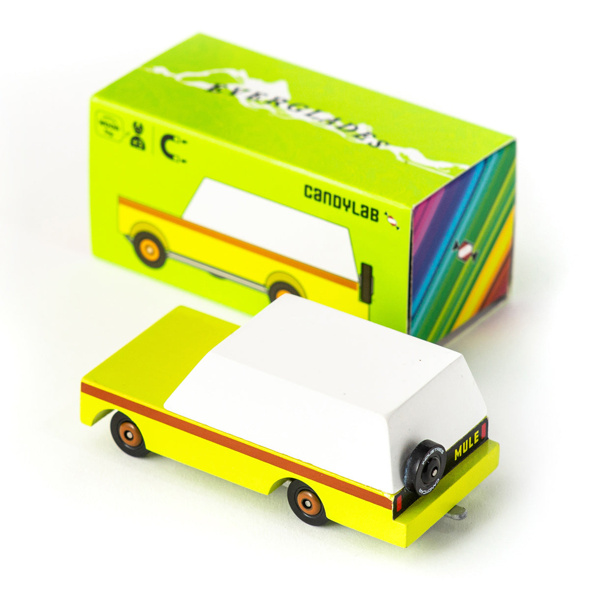 Candylab kids handmade wooden everglades mule toy car on a white background next to its green cardboard box