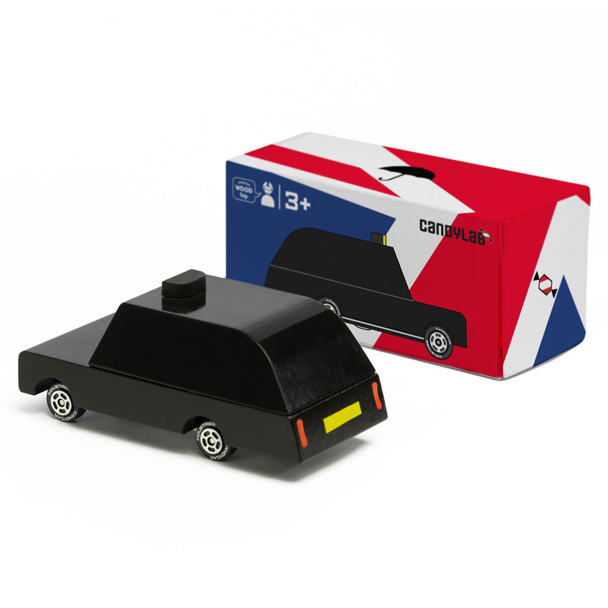 Candylab children's wooden London taxi toy car on a white background next to its red