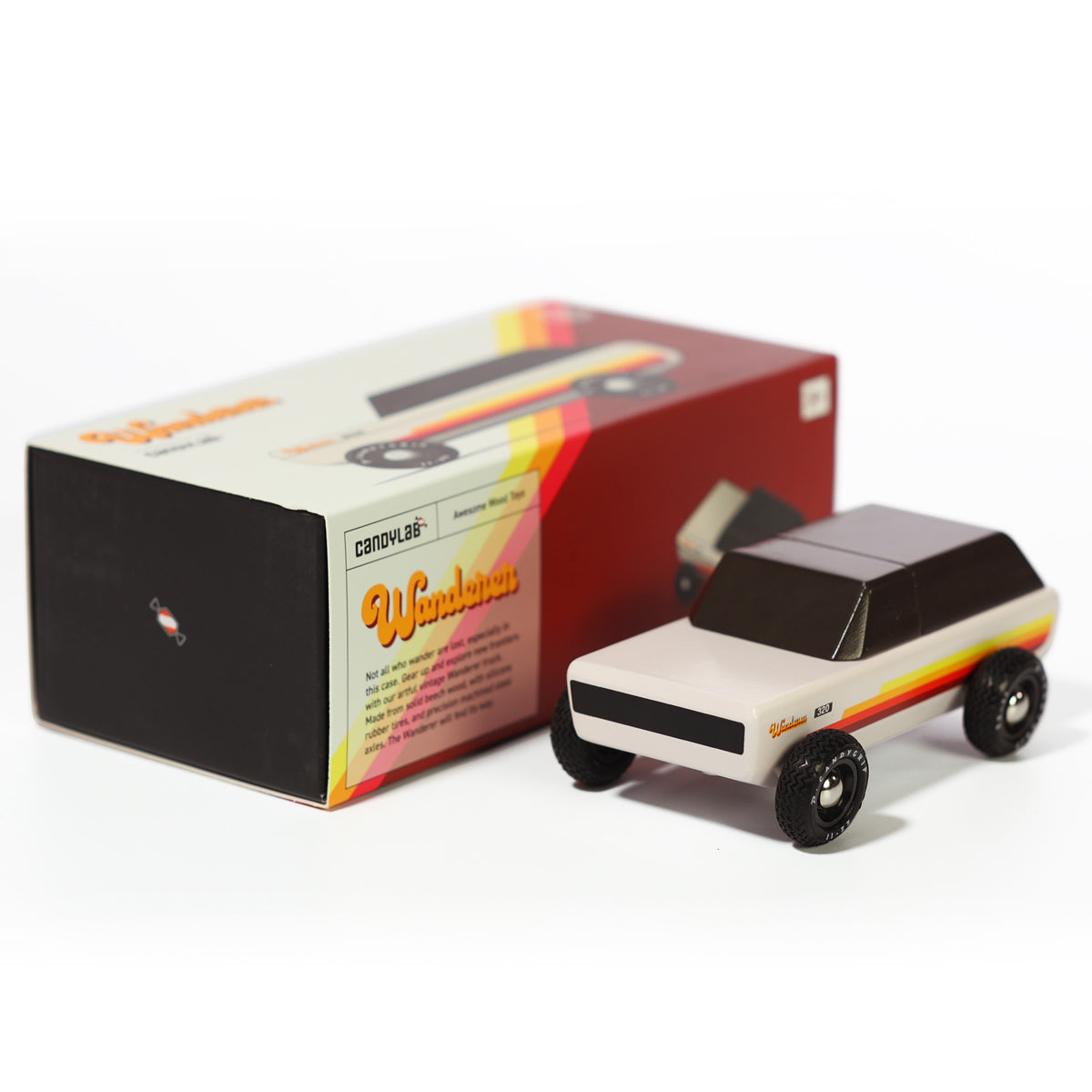 Candylab handmade wooden Wanderer SUV toy on a white background next to its box