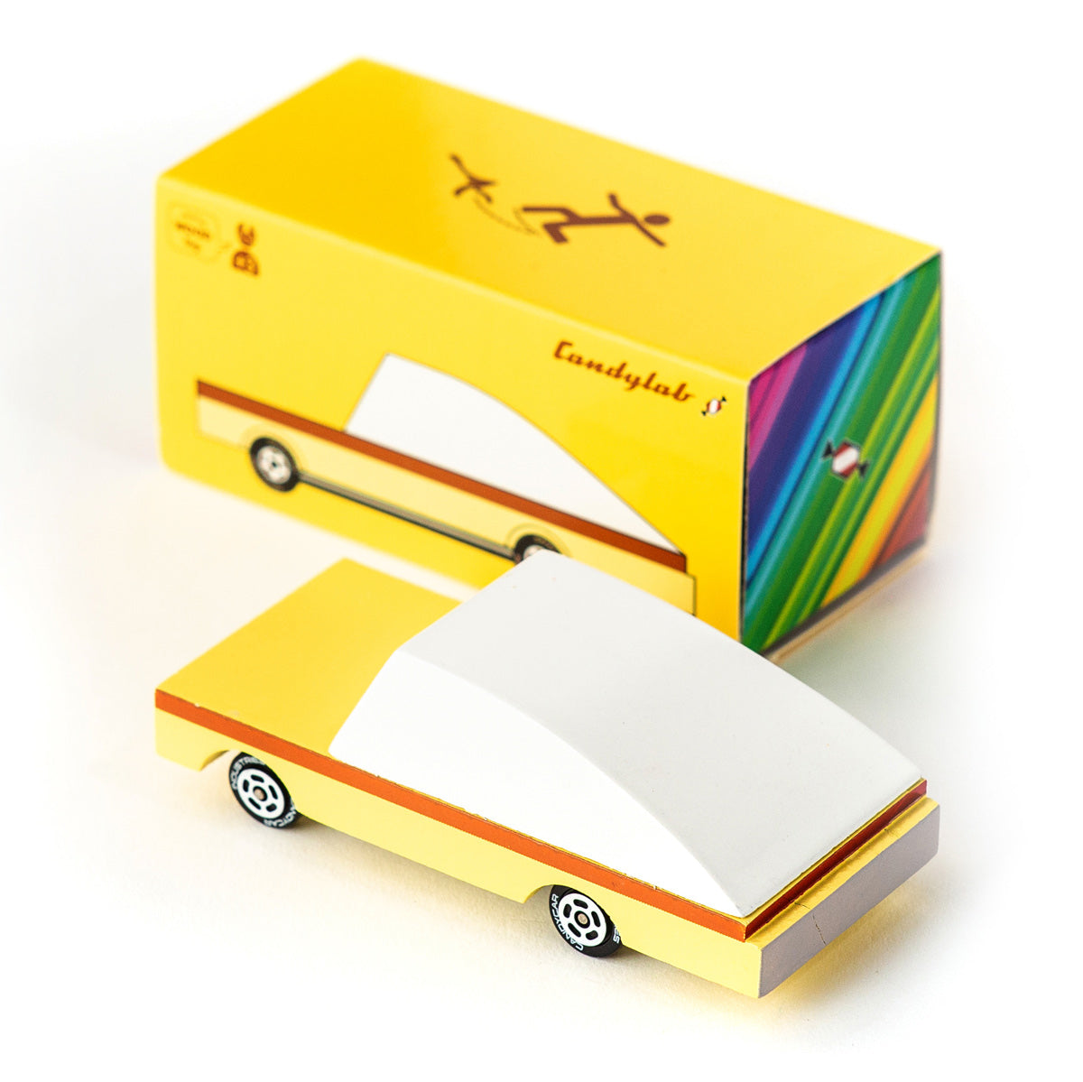 Candylab childrens wooden B.Nana yellow toy car on a white background next to its cardboard box