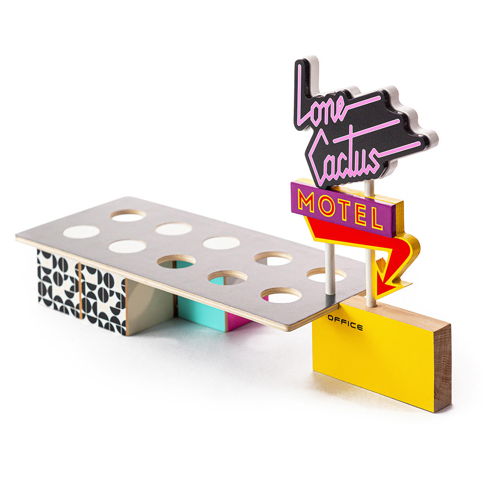 Candylab handmade wooden motel toy scene set on a white background