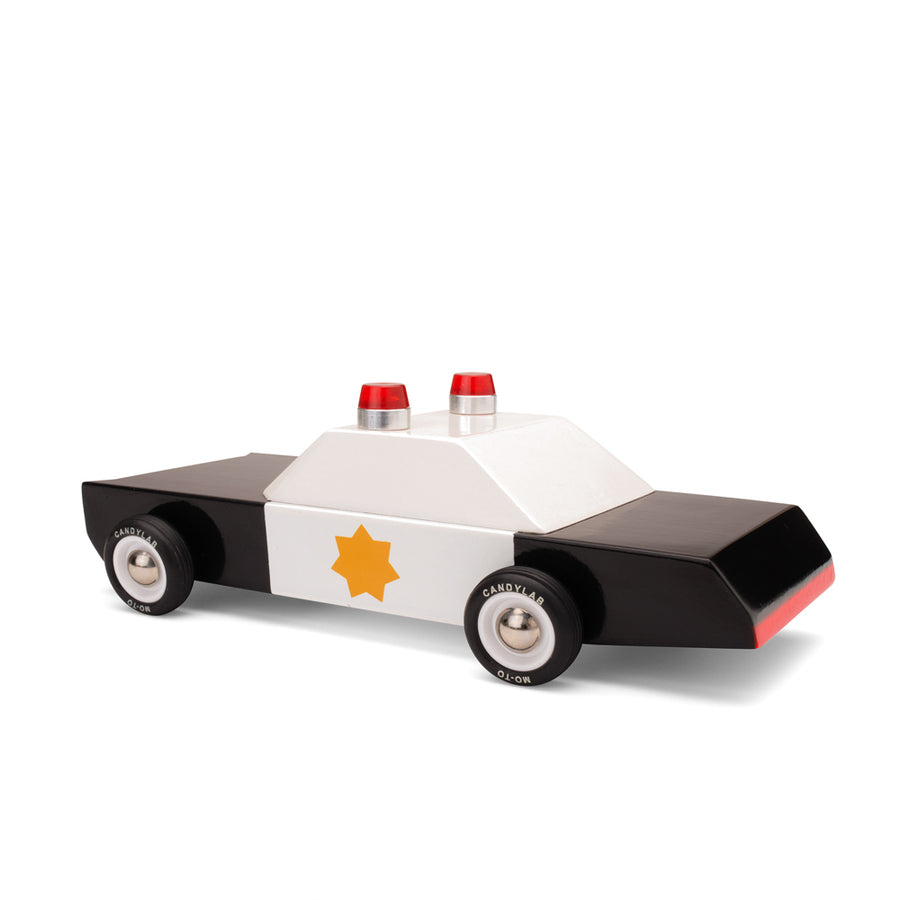 Candylab childrens solid wooden police car diecast toy on a white background