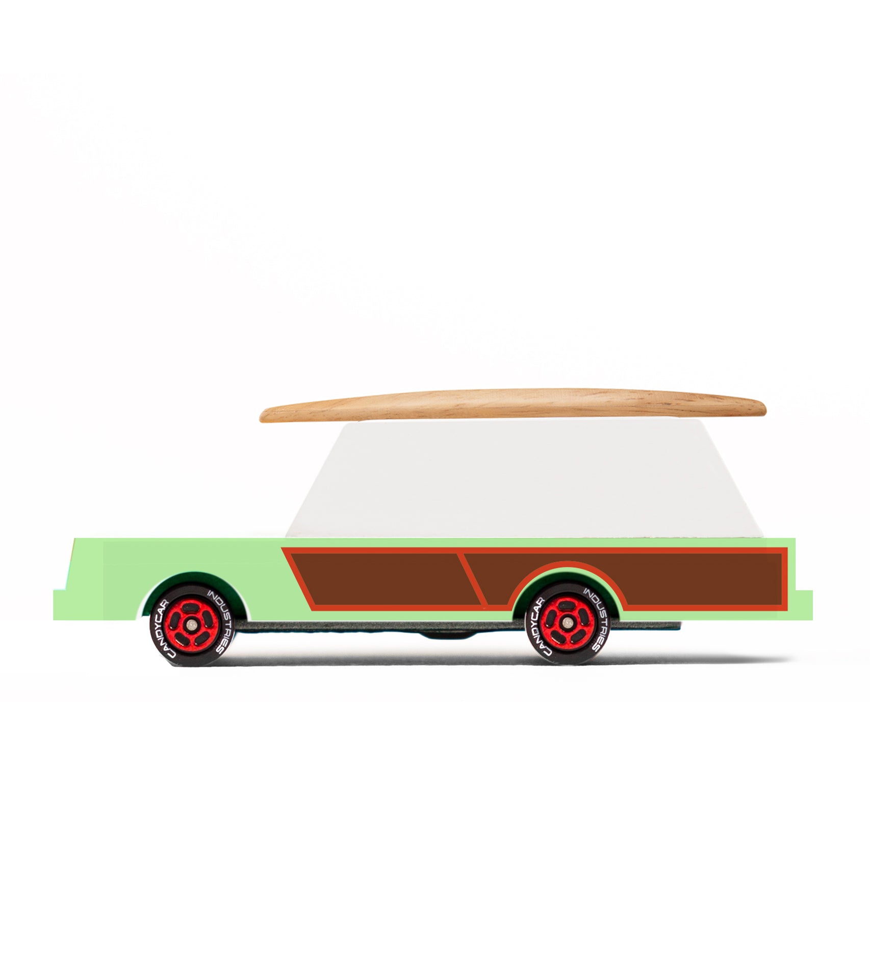 Candylab Candycar Surf Wagon Car. A fun wooden car in green, white and brown, with a surf board topper on a white background