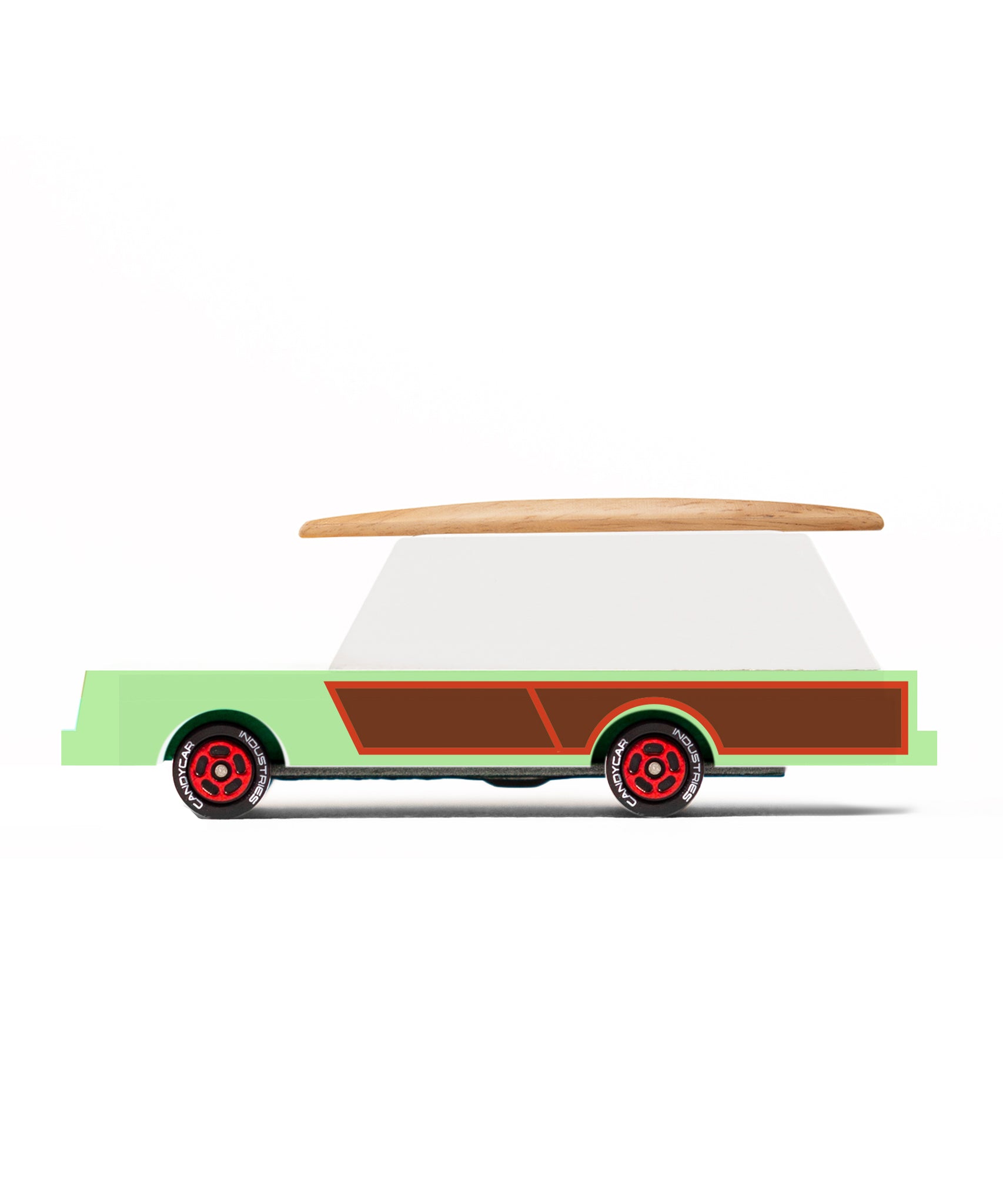 Candylab Candycar Surf Wagon Car. A fun wooden car in green, white and brown, with a surf board topper on a white background