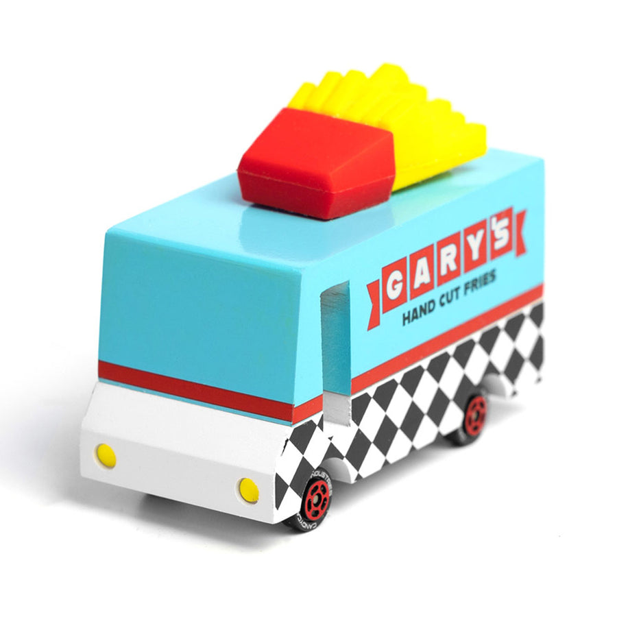 Candylab blue and red wooden chip van toy with some miniature French Fries on the top