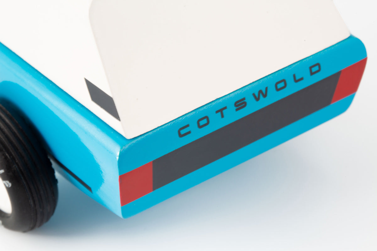 Close up of the Cotswold logo on the back of the Candylab cotswold royale collectable toy car