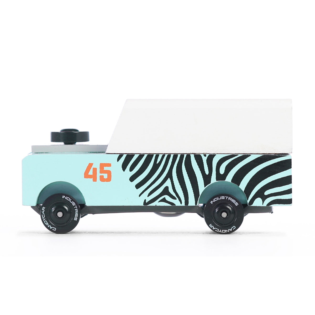 Side of the Candylab plastic-free wooden mini drifter car toy on a white background