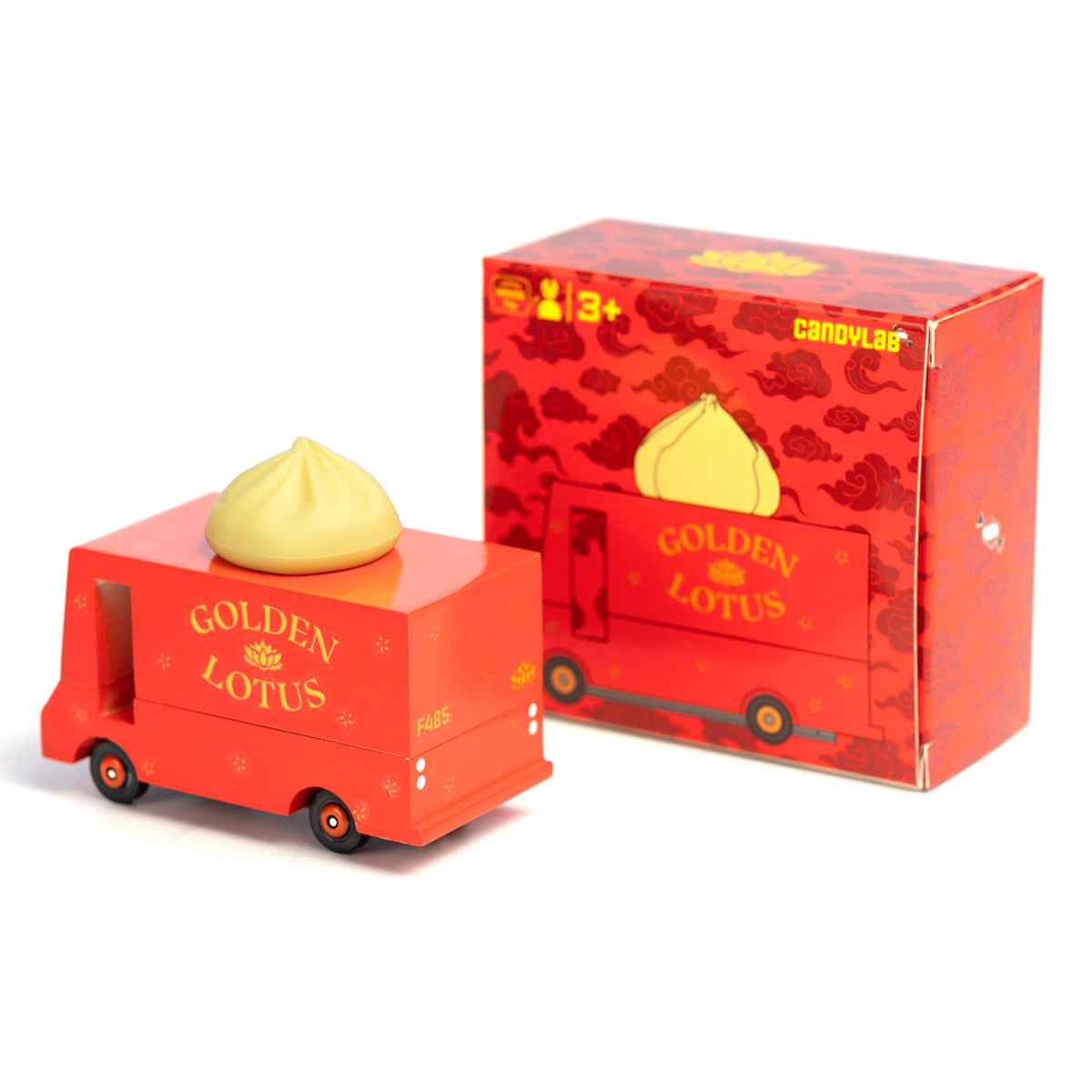 Candylab kids wooden Chinese dumpling truck on a white background next to its red box