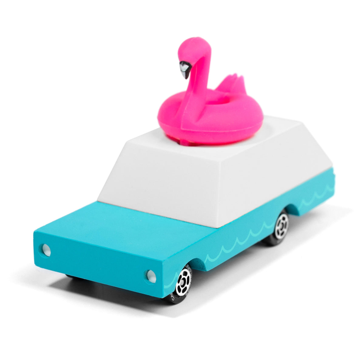 Blue and white wooden Candylab car toy with a pink flamingo on top