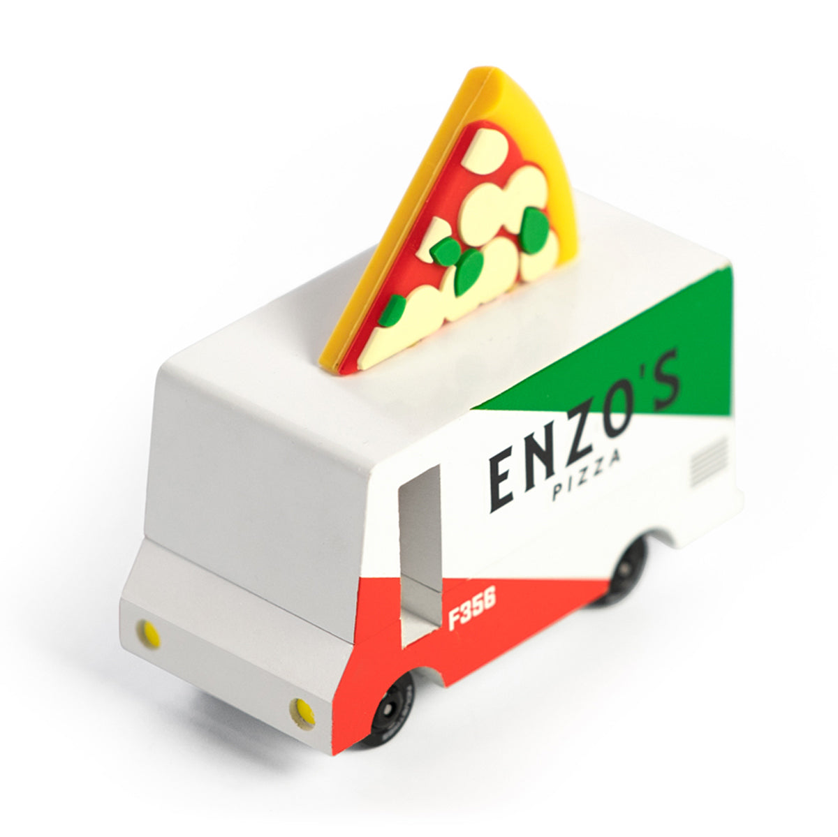 Candylab wooden pizza truck toy with a miniature pizza slice on top