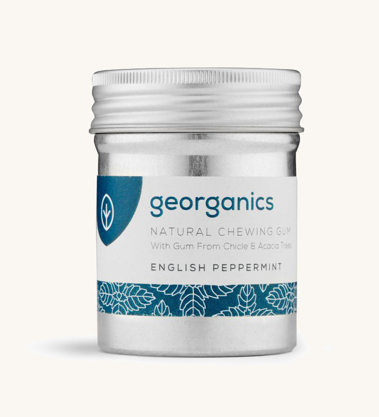 A pot of the Georganics english peppermint chewing gum