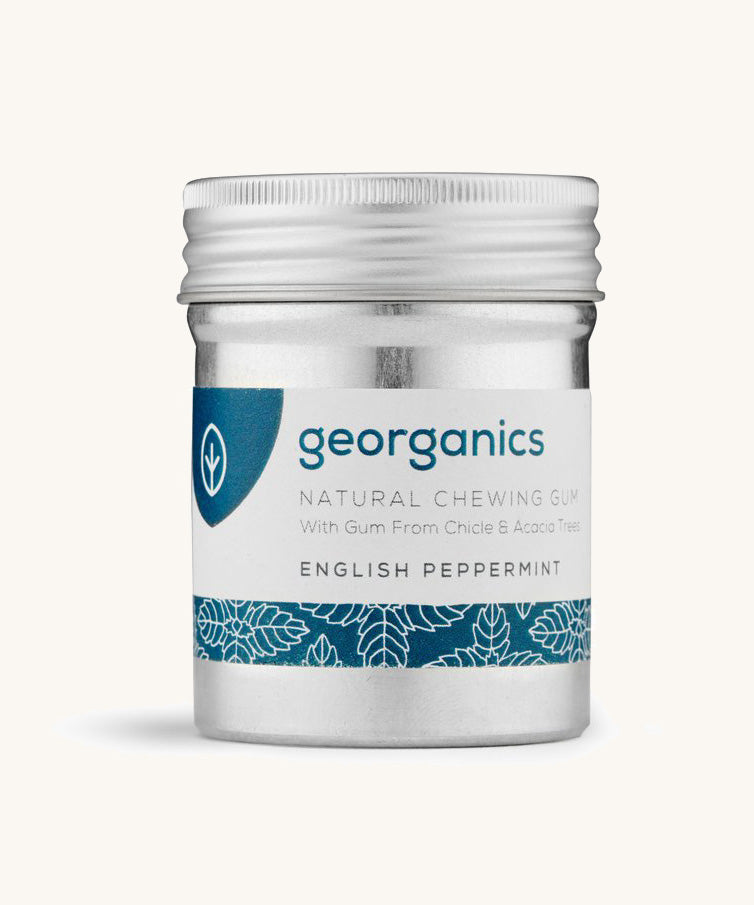 A pot of the Georganics english peppermint chewing gum