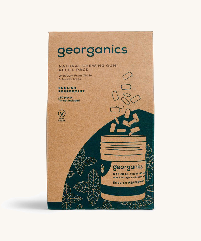 A Georganics cardboard pouch of refill chewing gums