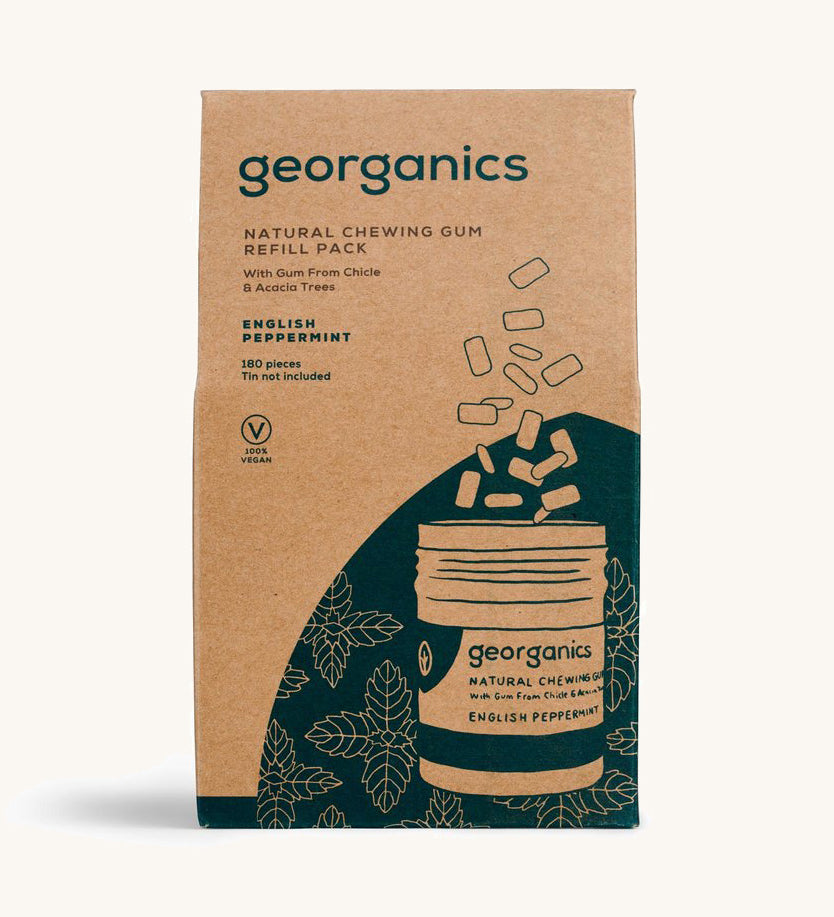 A Georganics cardboard pouch of refill chewing gums