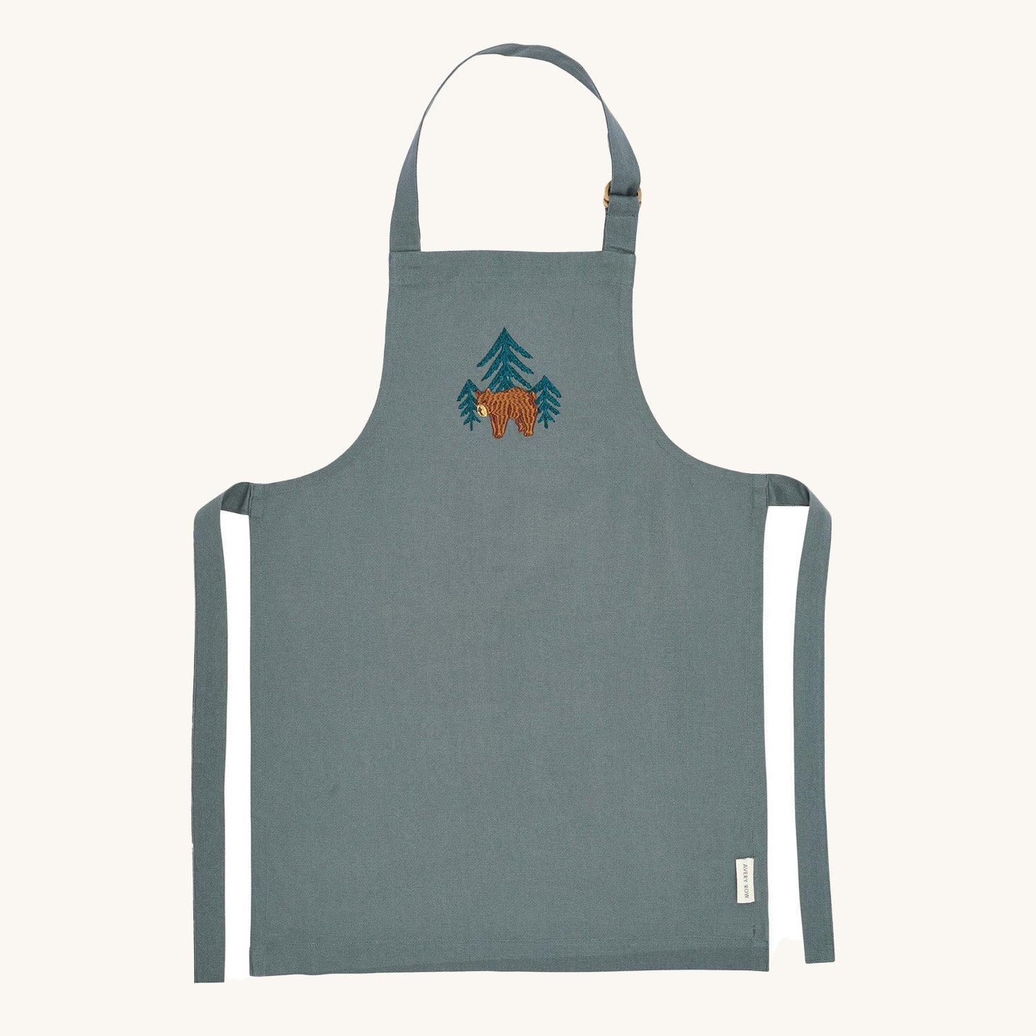 Avery Row Kid's Apron - Forest Bear. A beautiful blue cotton canvas apron with a detailed