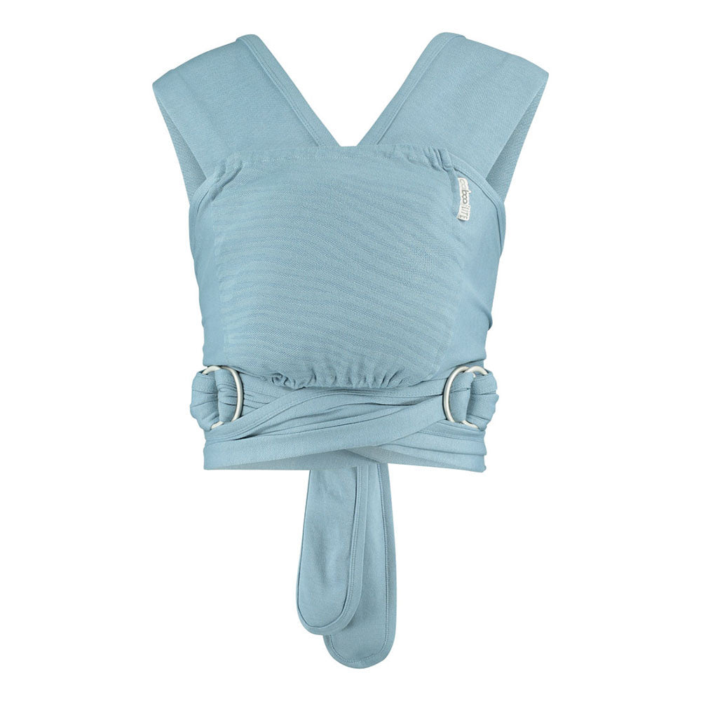 Close caboo lite baby carrier in the denim colour on a white background