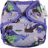 Pop-in Moose purple all in one Nappy with moose and chickens with popper closure on white background