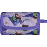 Pop-in Moose purple change and go mat rolled up with moose and chickens on white background