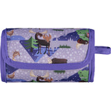 Pop-in Moose purple change and go mat rolled up with moose and chickens on white background