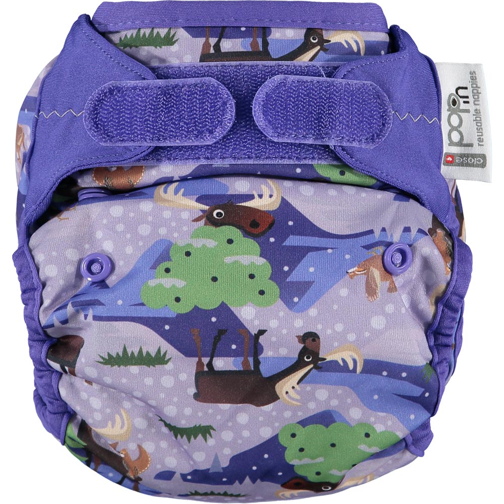 Pop-in Moose purple Nappy wrap with moose and chickens with velcro closure on white background