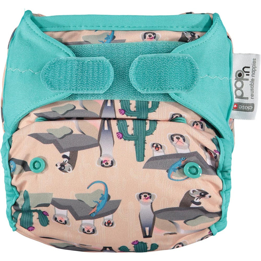 Pop-in light pink Ferret velcro Nappy all in one nappy with green trim details on a white background