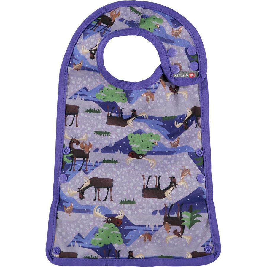 Pop-in Moose purple feeding baby bib moose and chickens with popper closure and green fleece crumb catcher on white background