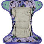 Pop-in Moose purple all in one Nappy with moose and chickens with popper closure and grey bamboo inserts on white background