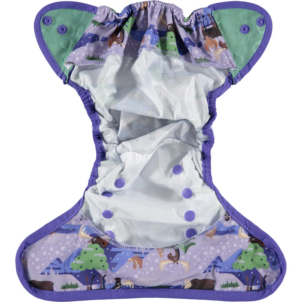 Pop-in Moose open purple Nappy wrap with moose and chickens with popper closure on white background