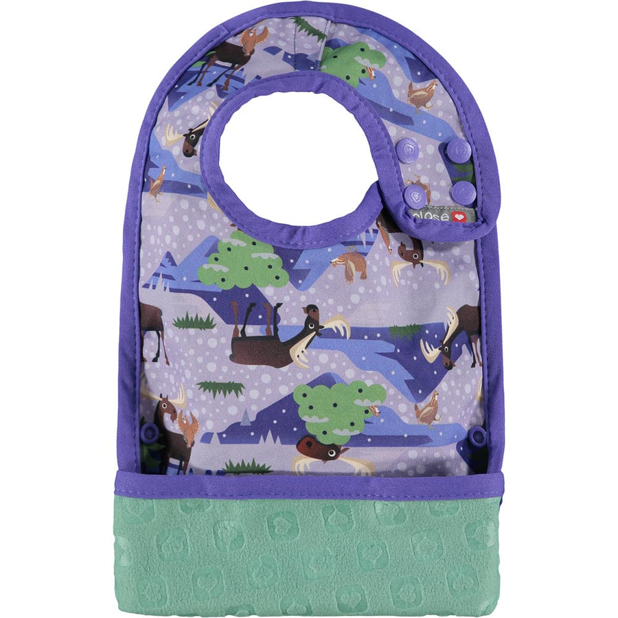 Pop-in Moose purple feeding baby bib moose and chickens with popper closure and green fleece crumb catcher on white background