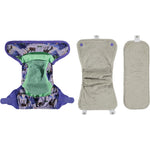 Pop-in Moose purple all in one Nappy with moose and chickens with velcro closure and grey bamboo inserts on white background