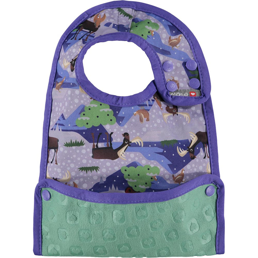 Pop-in Moose purple feeding baby bib moose and chickens with popper closure and green fleece crumb catcher on white background