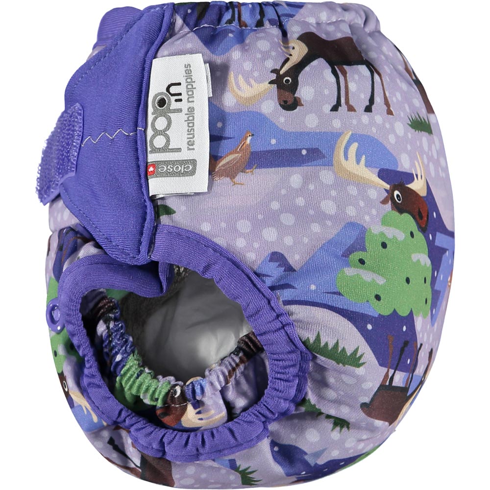 Pop-in Moose purple all in one Nappy with moose and chickens with velcro closure on white background