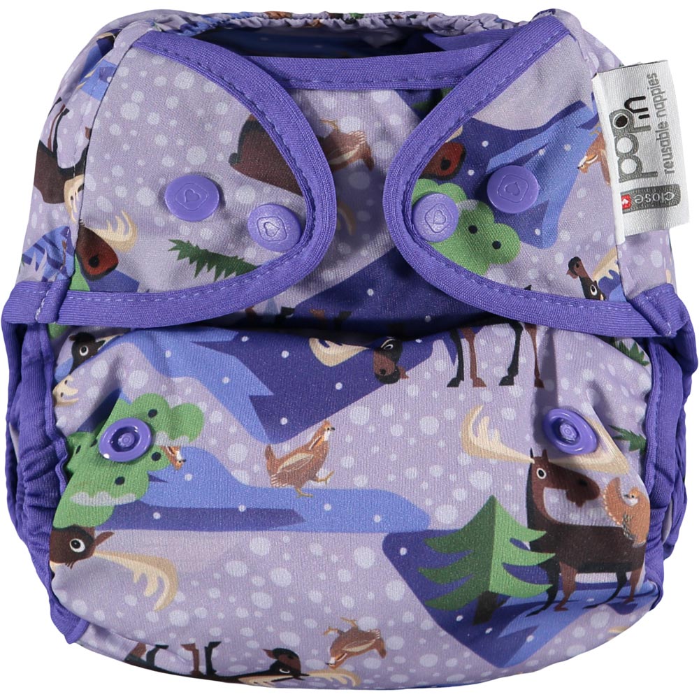 Pop-in Moose purple Nappy wrap with moose and chickens with popper closure on white background