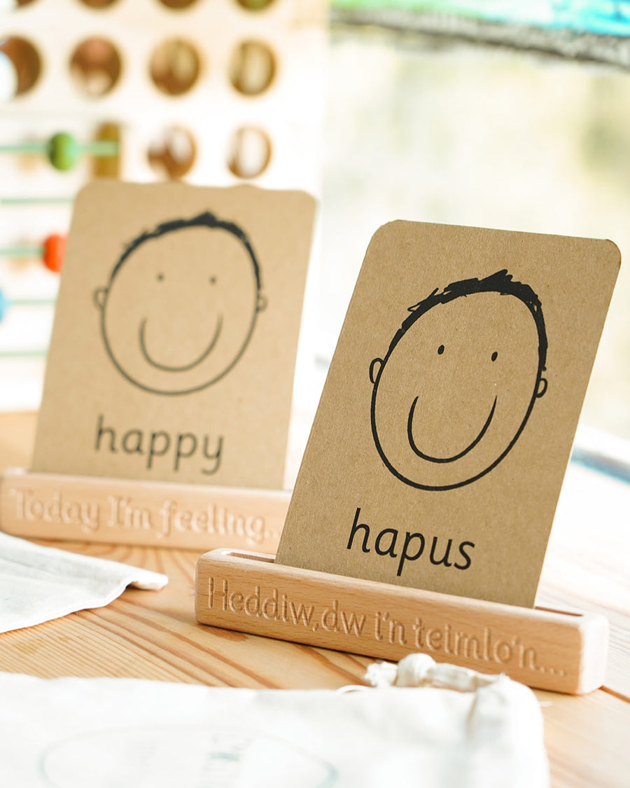 Coach House Welsh emotions flashcard stood in the Welsh emotions flashcard stand on a wooden worktop