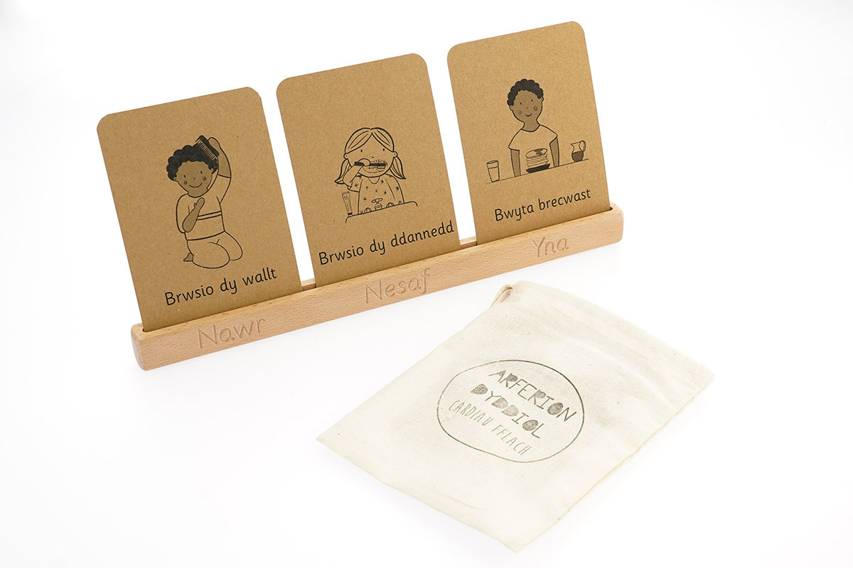 children's daily routine flashcard set laid out on a white background