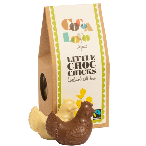 Cocoa Loco eco-friendly fairtrade chocolate chickens on a white background