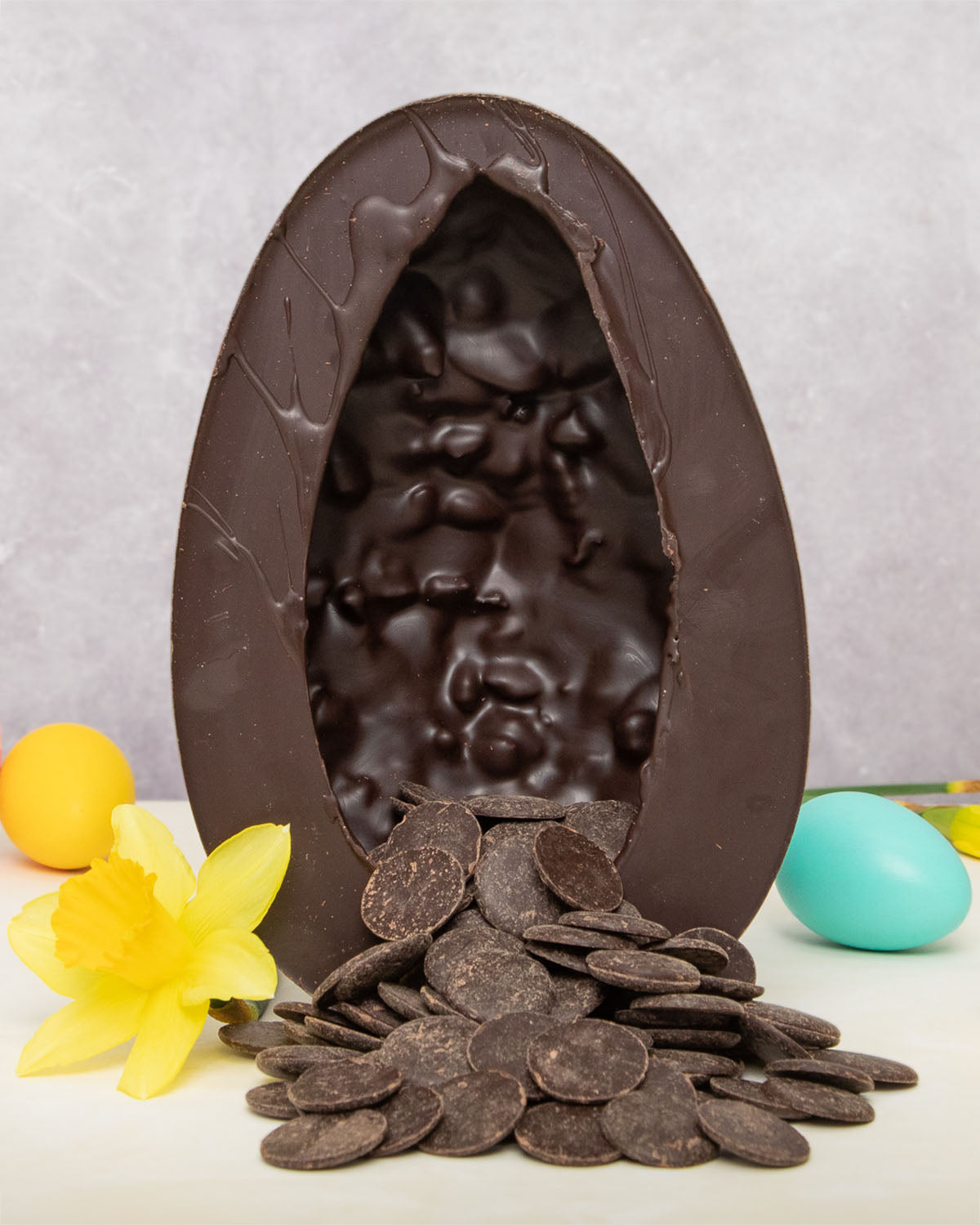 The Inside of the Cocoa Loco fairtrade dark chocolate easter egg