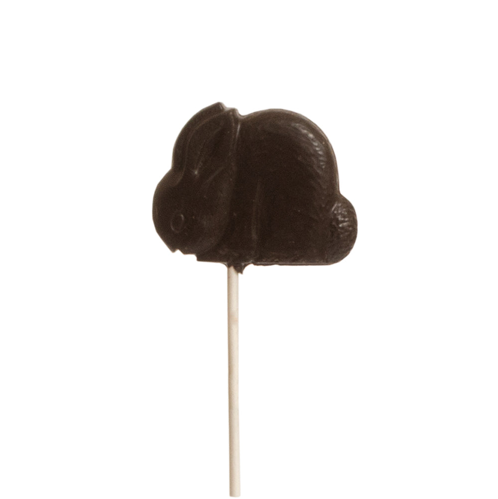 Cocoa Loco eco-friendly dark vegan chocolate rabbit lolly on a white background