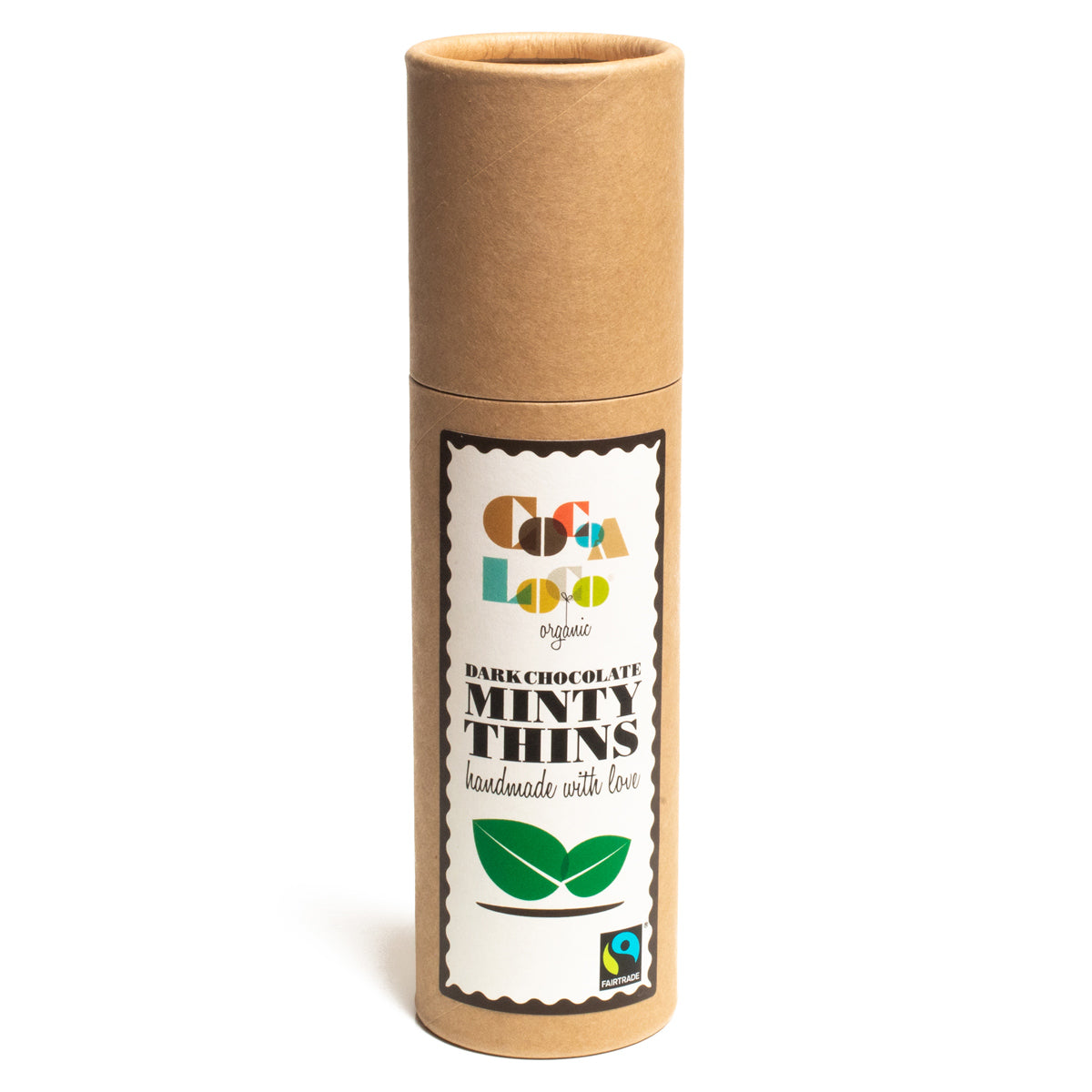 Tube of Cocoa Loco organic Fairtrade dark chocolate and mint thins on a white background