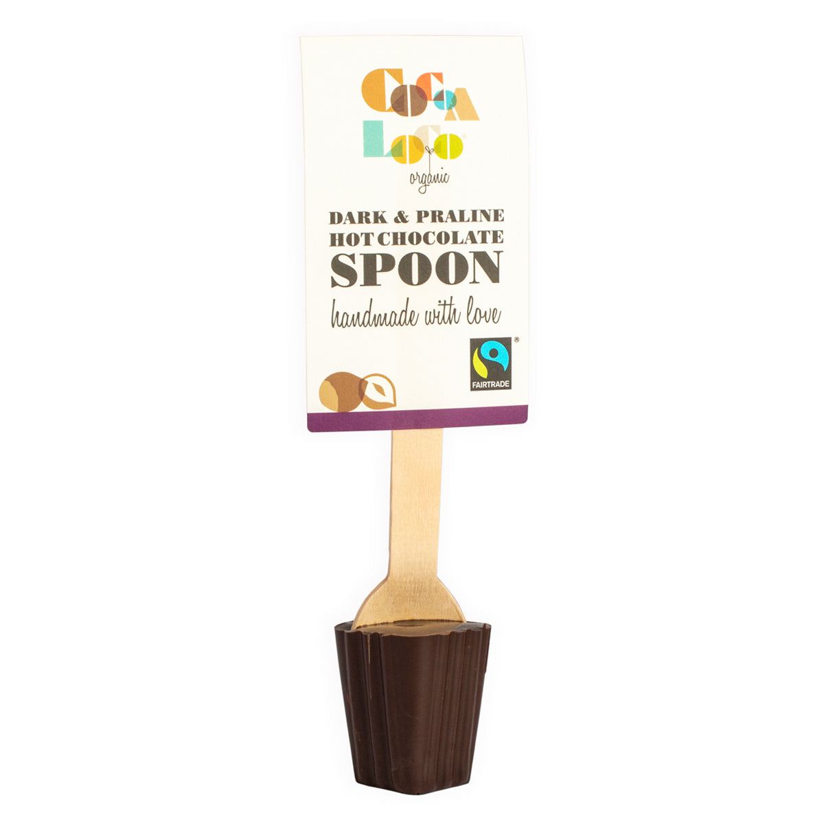 Cocoa Loco organic Fairtrade dark chocolate and praline hot chocolate spoon on a white background