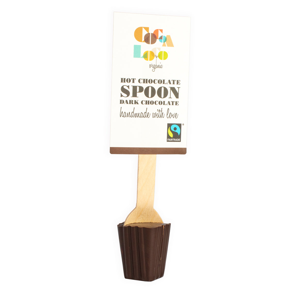 Cocoa Loco organic Fairtrade dark hot chocolate spoon on a white background