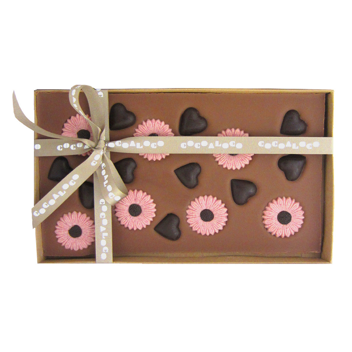 Cocoa Loco organic milk chocolate hearts and flowers slab in its box on a white background