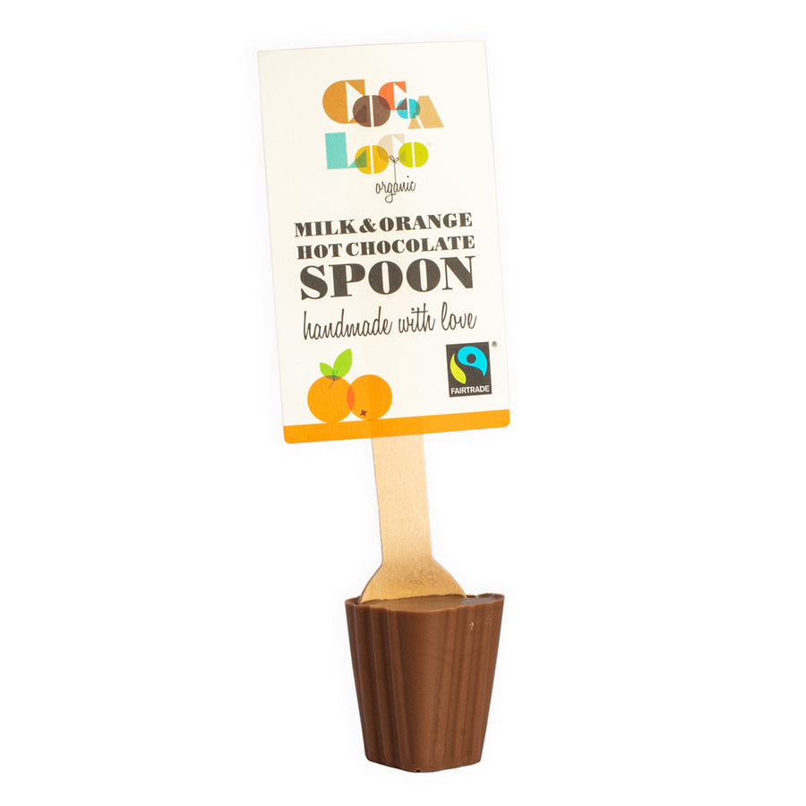 Cocoa Loco organic Fairtrade milk chocolate and orange hot chocolate spoon on a white background