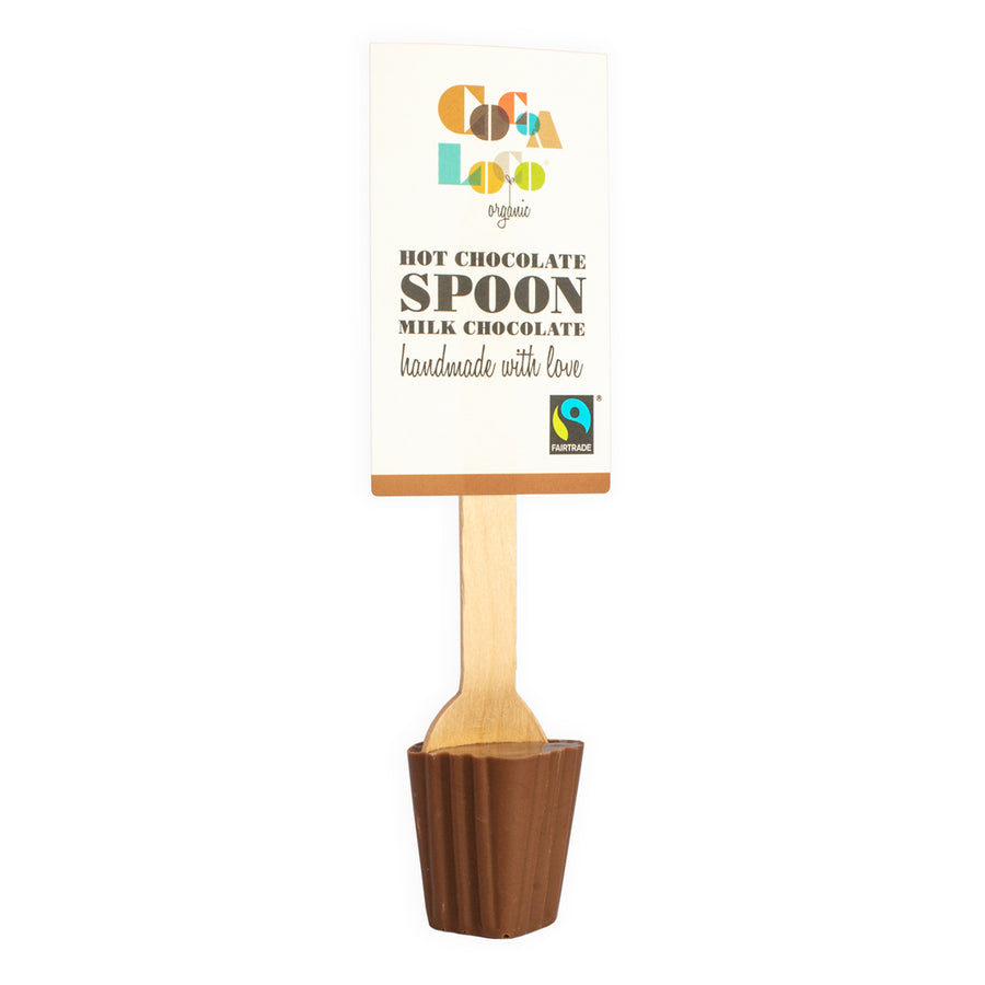 Cocoa Loco organic Fairtrade milk hot chocolate spoon on a white background